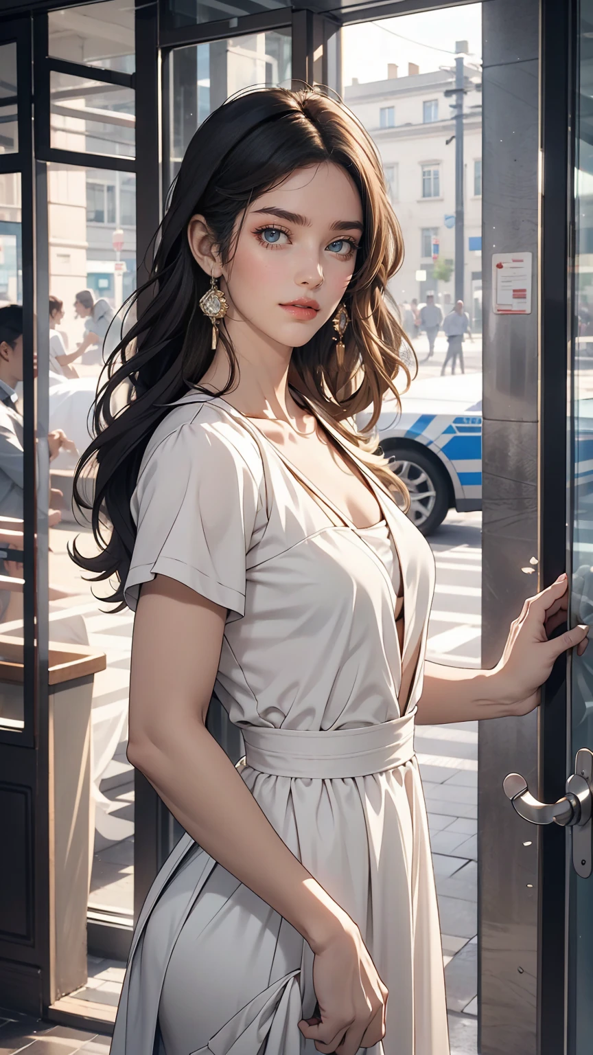 1 female, Black Hair, Blue Eyes, Delicate face, cute, Love Earrings, White Dress, Standing at the entrance to the police station, Playful, Ultra HD, masterpiece, highest quality, Super detailed, Accurate