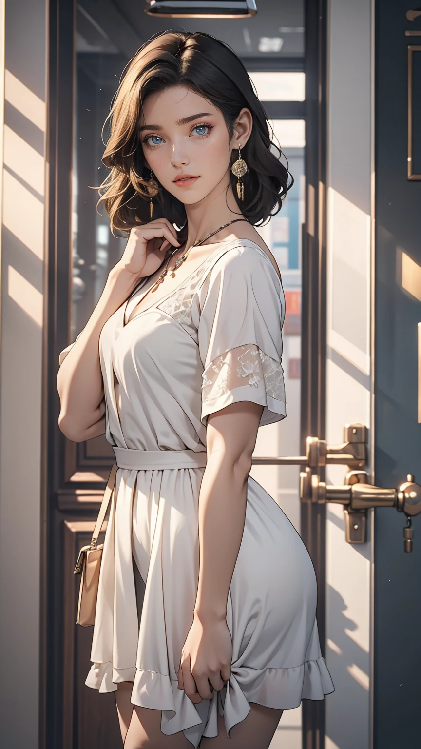 1 female, Black Hair, Blue Eyes, Delicate face, cute, Love Earrings, White Dress, Standing at the entrance to the police station, Playful, Ultra HD, masterpiece, highest quality, Super detailed, Accurate