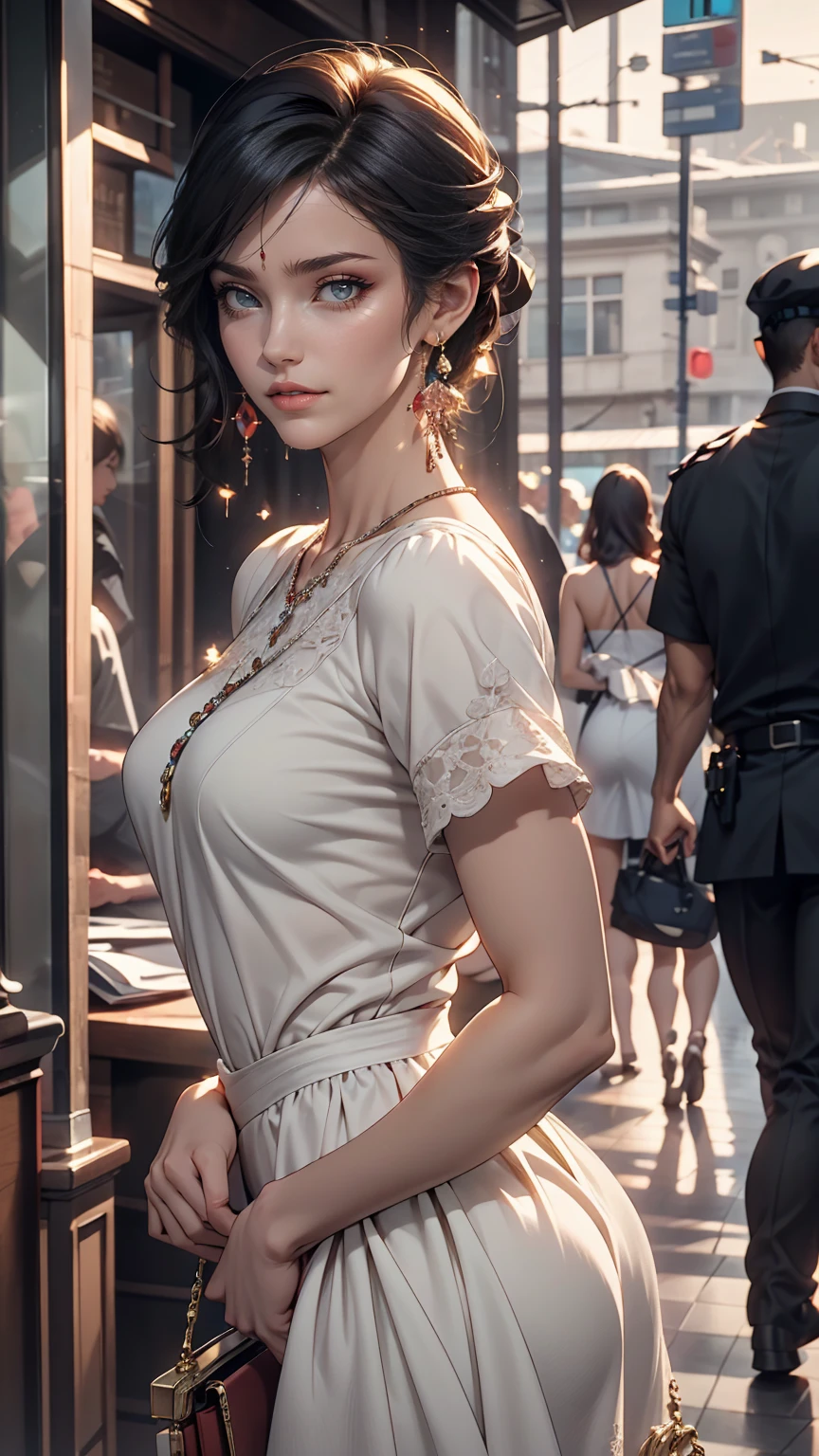 London、British film actress's classic coat dress and short cape、Harizont Blue、British woman、White、Blonde、blue eyes、Wavy hair、Smile