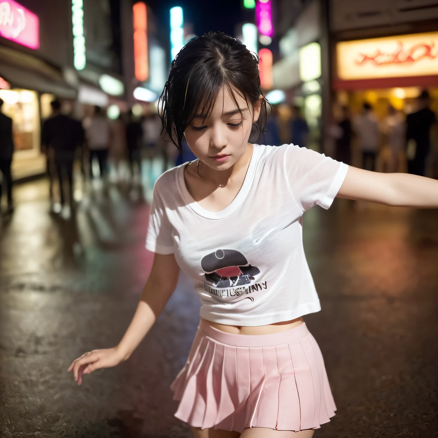 (Best-quality, Masterpiece, Ultra-High-Resolution, (Photorealistic:1.4), Raw Photo, depth of field, professional lighting, perfect anatomy, extremely details), 1girl, -yeld, thost famous Japanese idol, wearing white T-shirt and light-pink pleated skirt with cute design, Midnight, On Main Street in Japan, (((drunk, intoxicated):1.4)), raining heavily, soaked all over by the heavy rain, ((extremely cute and extremely wet drunken-face from heavy-rain, ((extremely cute and extremely big drunken-eyes)), extremely cute and extremely wet black-short-cut-haired from heavy-rain, extremely beautiful and extremely wet drunken-skins from heavy-rain, extremely cute long-eyelashes, extremely cute lips, extremely cute and extremely wet body from heavy-rain, Clothes that have been soaked in heavy-rain)), ((detailed heavy-rain):1.3)