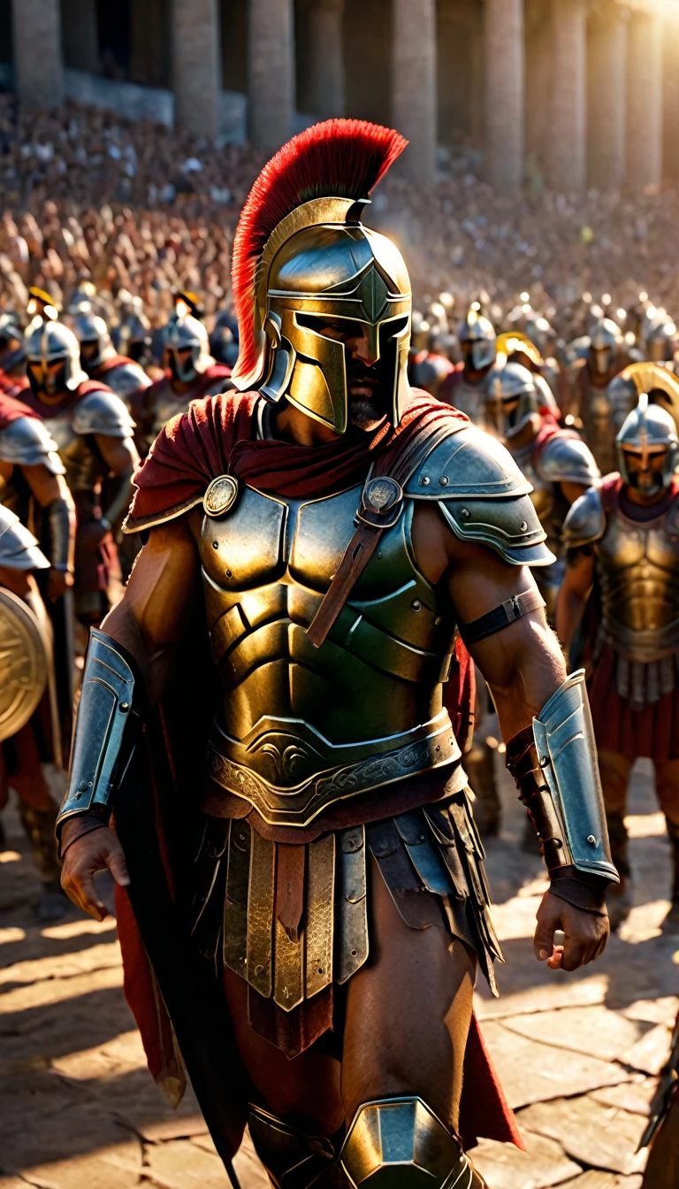 Full body, Create a detailed image of the annual Spartan event, featuring a massive arena where the best Spartan warriors and the bravest Helot slaves prepare to battle to the death, detailed face, detailed face expressions, natural face expressions, face in detail, asymmetrical faced, fair and smooth skin, detailed hands, detailed fingers, masterpiece, cinematic lighting, physically based rendering, lens flare, award winning rendering, perfect rendering detail, 8K, realism, detailed background, everything in detail, cinematic shot, dynamic lighting, 75mm, Technicolor, Panavision, cinemascope, fine details, 8k, HDR, realism, realistic, key visual, film still, superb cinematic color grading, depth of field,