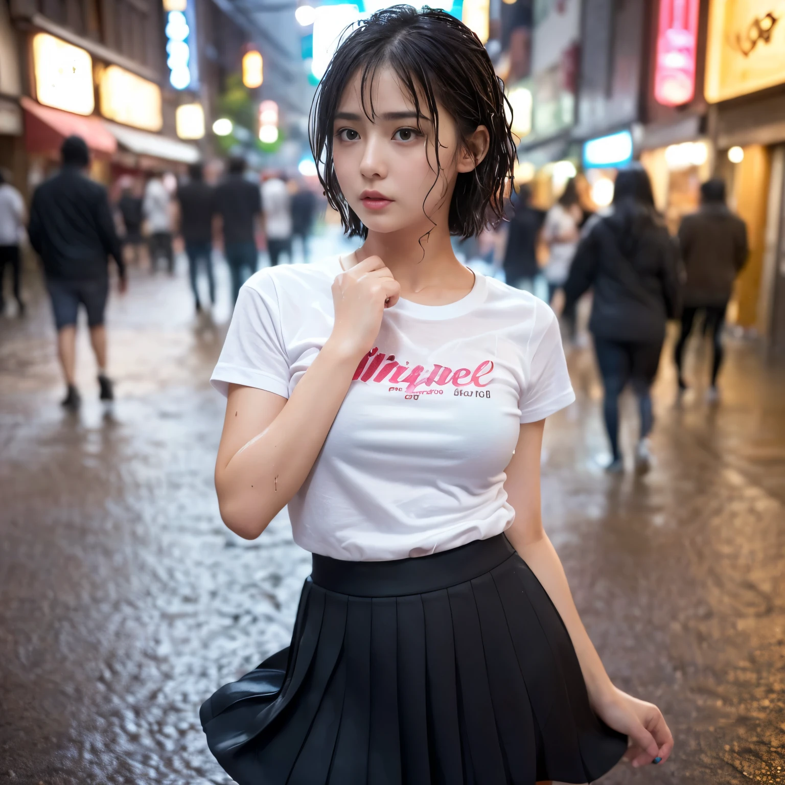 (Best-quality, Masterpiece, Ultra-High-Resolution, (Photorealistic:1.4), Raw Photo, depth of field, professional lighting, perfect anatomy, extremely details), 1girl, -yeld, thost famous Japanese idol, wearing white T-shirt and light-pink pleated skirt with cute design, Midnight, On Main Street in Japan, (((drunk, intoxicated):1.4)), raining heavily, soaked all over by the heavy rain, ((extremely cute and extremely wet drunken-face from heavy-rain, ((extremely cute and extremely big drunken-eyes)), extremely cute and extremely wet black-short-cut-haired from heavy-rain, extremely beautiful and extremely wet drunken-skins from heavy-rain, extremely cute long-eyelashes, extremely cute lips, extremely cute and extremely wet body from heavy-rain, Clothes that have been soaked in heavy-rain)), ((detailed heavy-rain):1.3)