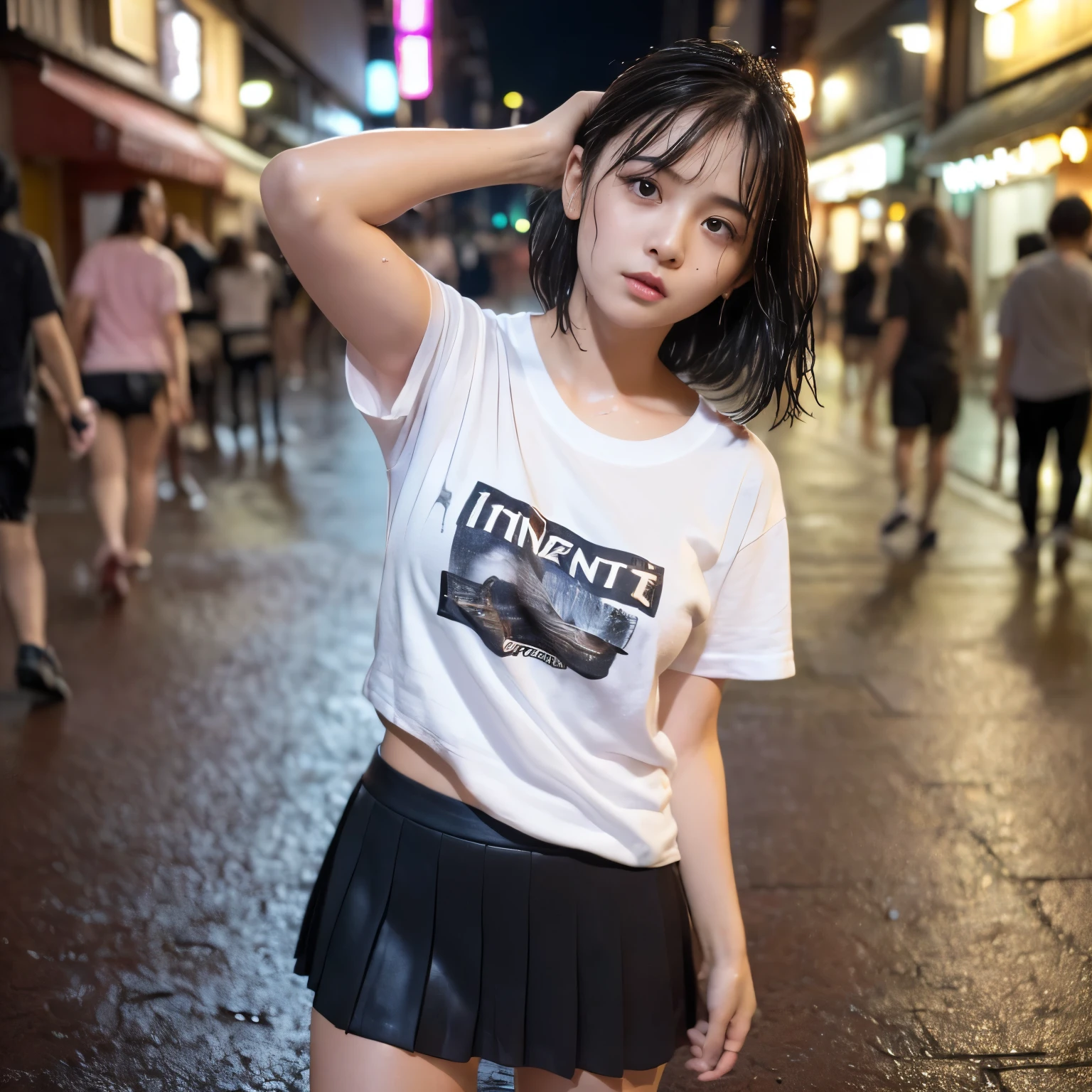 (Best-quality, Masterpiece, Ultra-High-Resolution, (Photorealistic:1.4), Raw Photo, depth of field, professional lighting, perfect anatomy, extremely details), 1girl, 15-years-old, the most famous Japanese idol, wearing white T-shirt and light-pink pleated skirt with cute design, Midnight, On Main Street in Japan, (((drunk, intoxicated):1.4)), raining heavily, soaked all over by the heavy rain, ((extremely cute and extremely wet drunken-face from heavy-rain, ((extremely cute and extremely big drunken-eyes)), extremely cute and extremely wet black-short-cut-haired from heavy-rain, extremely beautiful and extremely wet drunken-skins from heavy-rain, extremely cute long-eyelashes, extremely cute lips, extremely cute and extremely wet body from heavy-rain, Clothes that have been soaked in heavy-rain)), ((detailed heavy-rain):1.3)