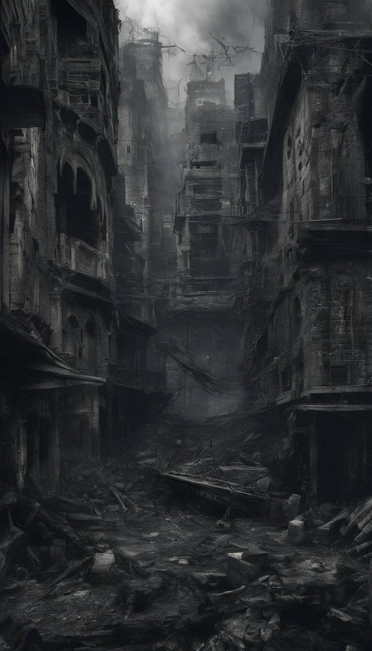 Create dystopian masterpieces,Depict the destroyed futuristic cityscape in a gritty game concept art style. The artwork should evoke a sense of futuristic desolation and despair, post apocalyptic world. Keep an eye on the intricacies of detail, Sharp focus, and a highly detailed description of the ruined city. Take inspiration from the artistic styles of Wayne Barlow and Zdislav Beksiński. Deliver this image in movie view format, Show the bleak beauty of this decaying world.