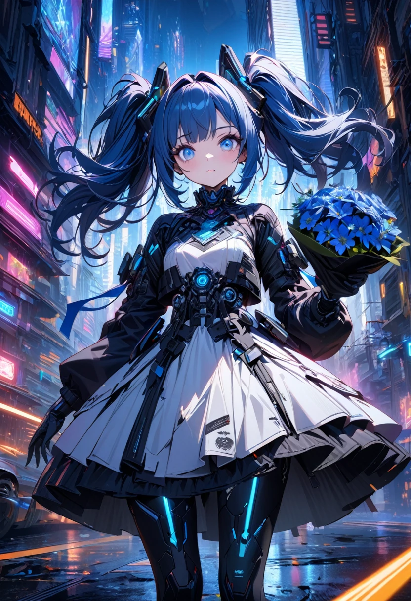 1 girl, robot girl, blue hair, twin tails, blue eyes, , blue and white robot-like barrette, Gorgeous white and blue gothic lolita clothing in a cyberpunk style, you can see the mechanism from your body and clothes, sky blue neon light shines from clothes, holding a bouquet of blue flowers made by a machine, background, white futuristic city, (best quality,4k,8k,highres,masterpiece:1.2),ultra-detailed,concept art,digital painting,intricate details,science fiction,neon,vibrant colors,dramatic lighting