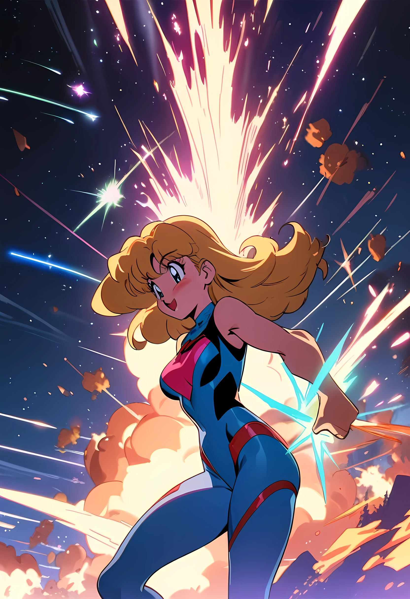 masterpiece, best quality, 8k, highres, detailed, 90s Cartoons, shooting stars, spaceships, Super Heroines, explosions, sparks, flashes, clean lines, clear coloring, and dynamism,