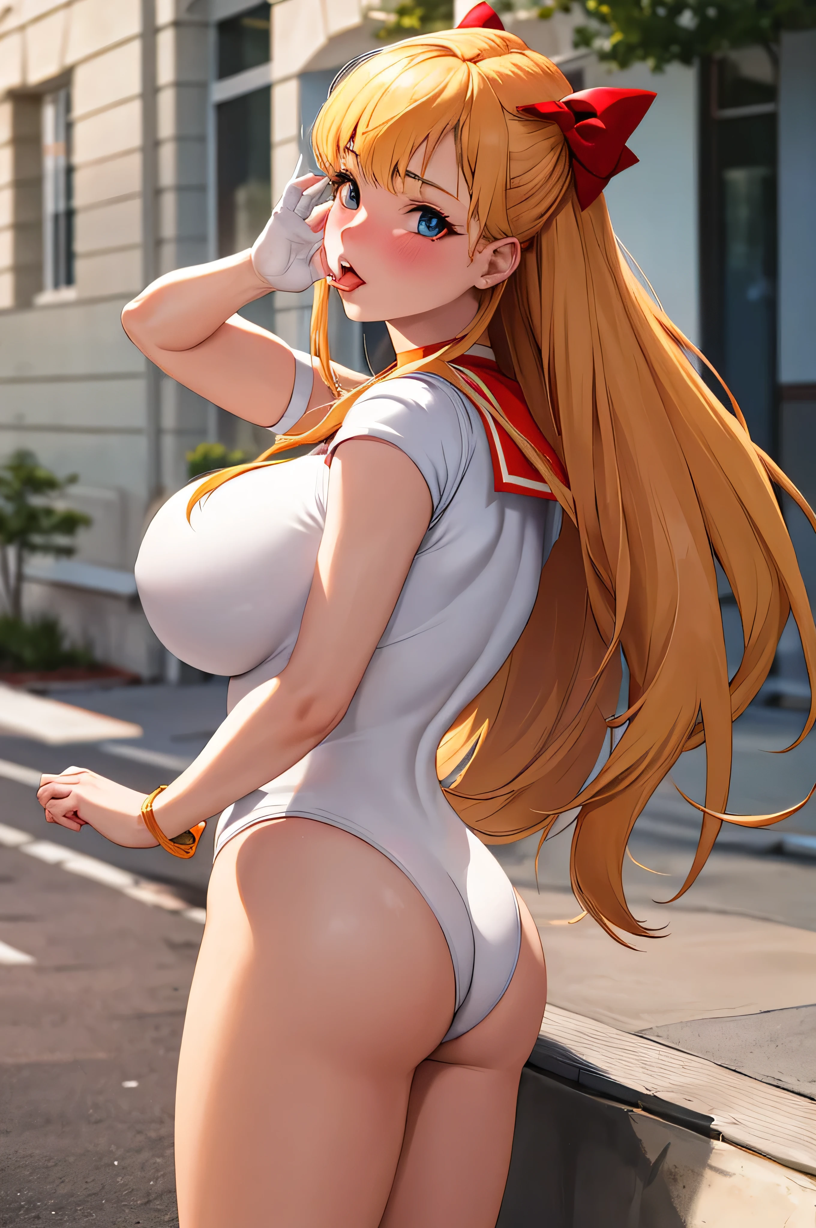 masterpiece, highest quality, High resolution, sv1, Sailor Warrior Uniform, Elbow hand pockets, tiara, Red Bow, Orange Choker, Orange sailor collar, White gloves, jewelry, White leotard, Outdoor, street, Cowboy Shot, teeth, From behind, Perfect Face, Perfect Eyes, lips, blush, Big Breasts, String,