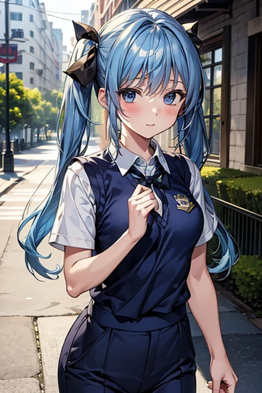 masterpiece、highest quality、Very detailed、An illustration、Beautiful fine details、One Girl、cute、Detailed landscape、Schoolyard background、(Light blue hair, Twin tails:1.4)、((D cup breasts, Collared short-sleeved shirt:1.3, A navy blue vest with the school emblem on the chest, Navy blue slacks))、Landscape、Walking through the streets in the evening