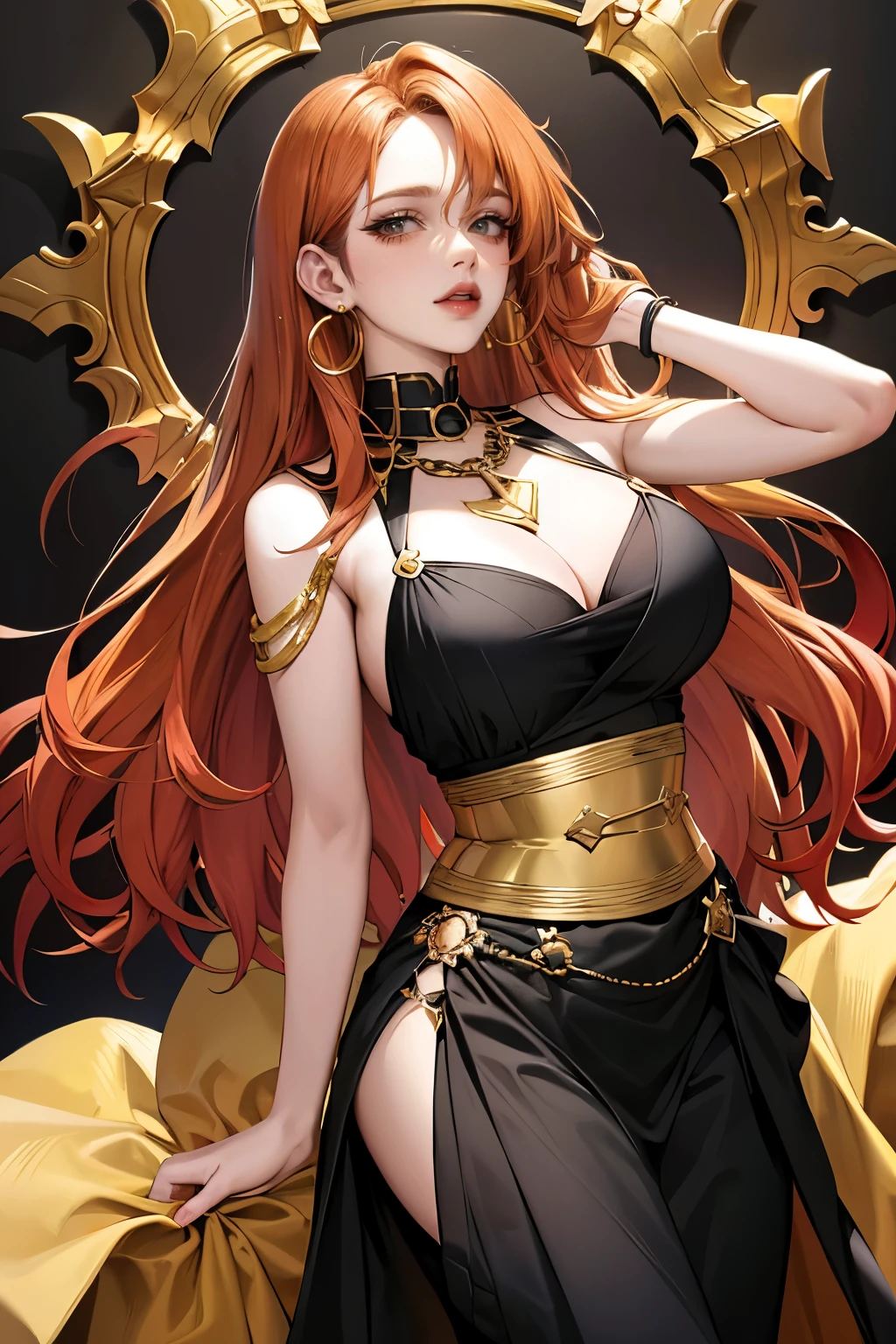 Orange-haired girl, black big eyes, long red wavy hair, gold Congo earrings, tired look, Gold Background, Waist-length, Plump lips, white strands in her hair, Piercing in the lip