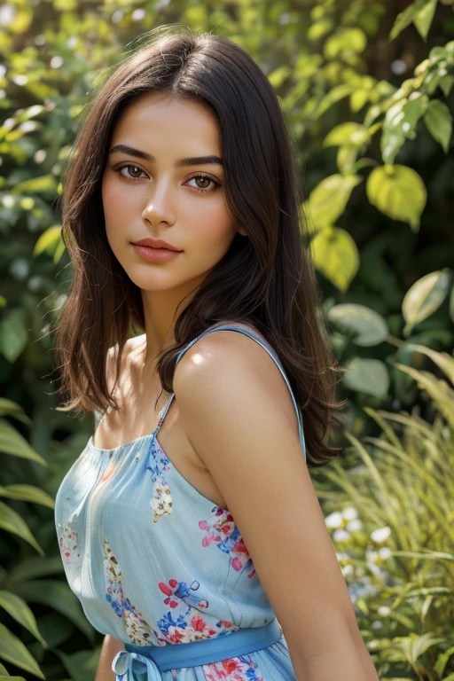 highres,realistic,portrait,detailed,medium:1.2,beautiful girl,flowing dark hair,expressive eyes and lips,delicate facial features,wearing a floral summer dress,standing in a lush garden bathed in sunlight,vibrant colors,soft shadows,serene expression,gentle breeze,morning light,subtle bokeh,fine brush strokes,impressionistic style