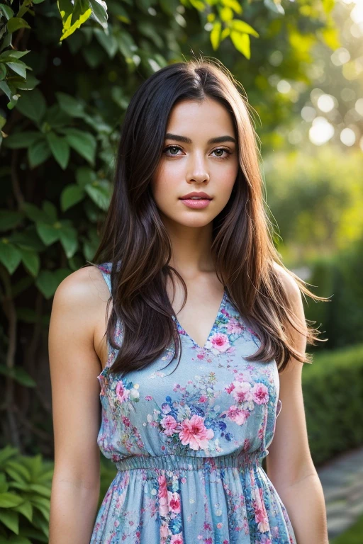highres,realistic,portrait,detailed,medium:1.2,beautiful girl,flowing dark hair,expressive eyes and lips,delicate facial features,wearing a floral summer dress,standing in a lush garden bathed in sunlight,vibrant colors,soft shadows,serene expression,gentle breeze,morning light,subtle bokeh,fine brush strokes,impressionistic style