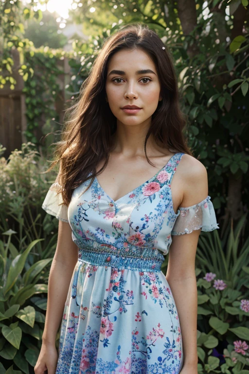 highres,realistic,portrait,detailed,medium:1.2,beautiful girl,flowing dark hair,expressive eyes and lips,delicate facial features,wearing a floral summer dress,standing in a lush garden bathed in sunlight,vibrant colors,soft shadows,serene expression,gentle breeze,morning light,subtle bokeh,fine brush strokes,impressionistic style