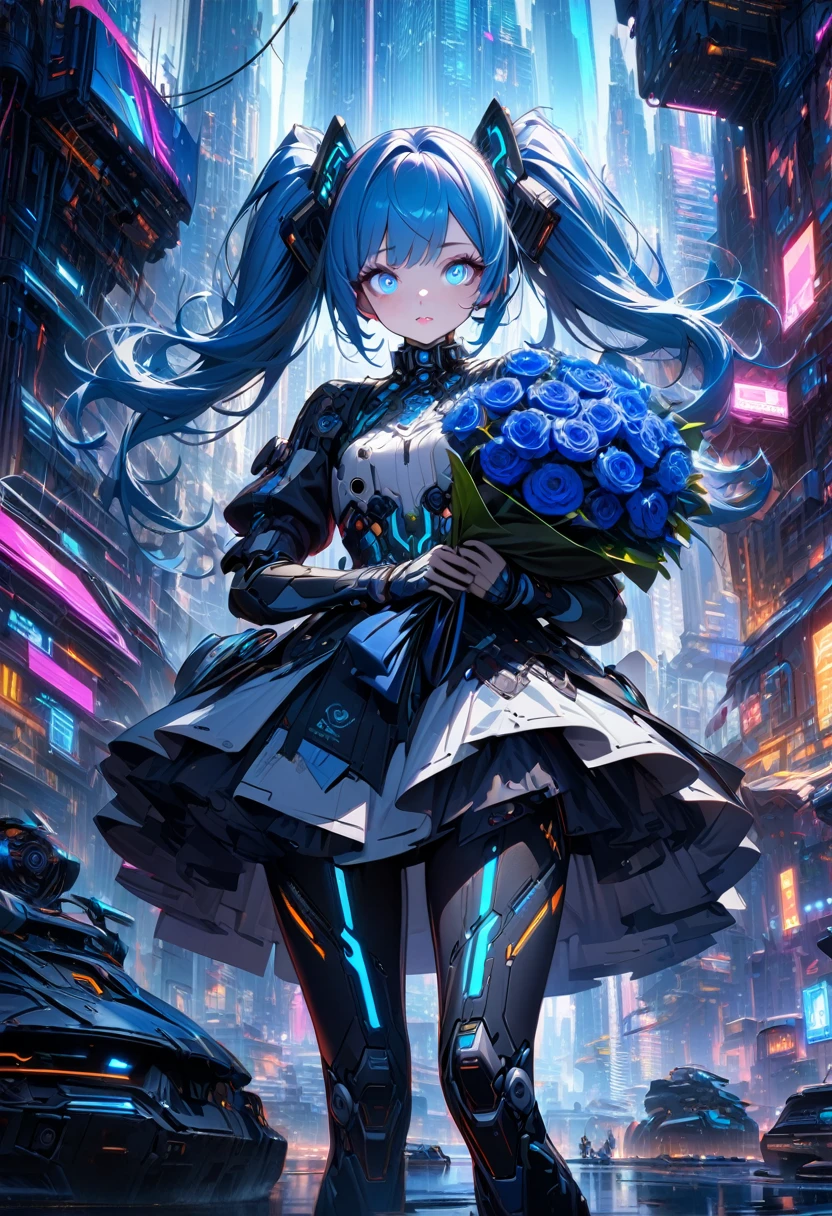 1 girl, robot girl, blue hair, twin tails, blue eyes, beautiful detailed eyes, beautiful detailed lips, extremely detailed eyes and face, long eyelashes, blue and white robot-like barrette, Gorgeous white and blue gothic lolita clothing in a cyberpunk style, you can see the mechanism from your body and clothes, sky blue neon light shines from clothes, holding a bouquet of blue flowers made by a machine, background, white futuristic city, (best quality,4k,8k,highres,masterpiece:1.2),ultra-detailed,concept art,digital painting,intricate details,science fiction,neon,vibrant colors,dramatic lighting