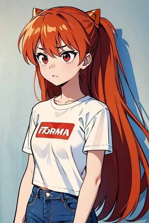 Asuka langley soryu, jeans, white t shirt, ((fat)), ((chubby belly))