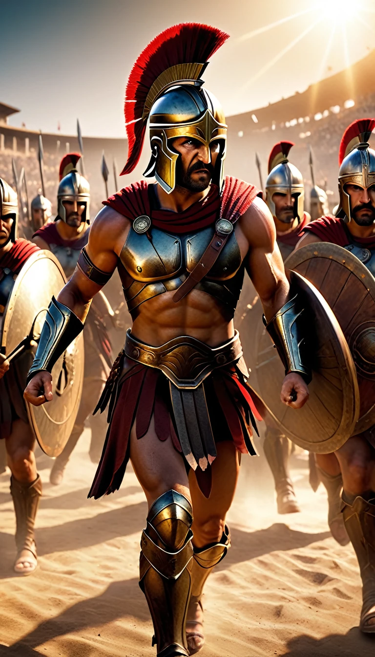 Full body, Create a detailed image of the annual Spartan event, featuring a massive arena where the best Spartan warriors and the bravest Helot slaves prepare to battle to the death, detailed face, detailed face expressions, natural face expressions, face in detail, asymmetrical faced, fair and smooth skin, detailed hands, detailed fingers, masterpiece, cinematic lighting, physically based rendering, lens flare, award winning rendering, perfect rendering detail, 8K, realism, detailed background, everything in detail, cinematic shot, dynamic lighting, 75mm, Technicolor, Panavision, cinemascope, fine details, 8k, HDR, realism, realistic, key visual, film still, superb cinematic color grading, depth of field,