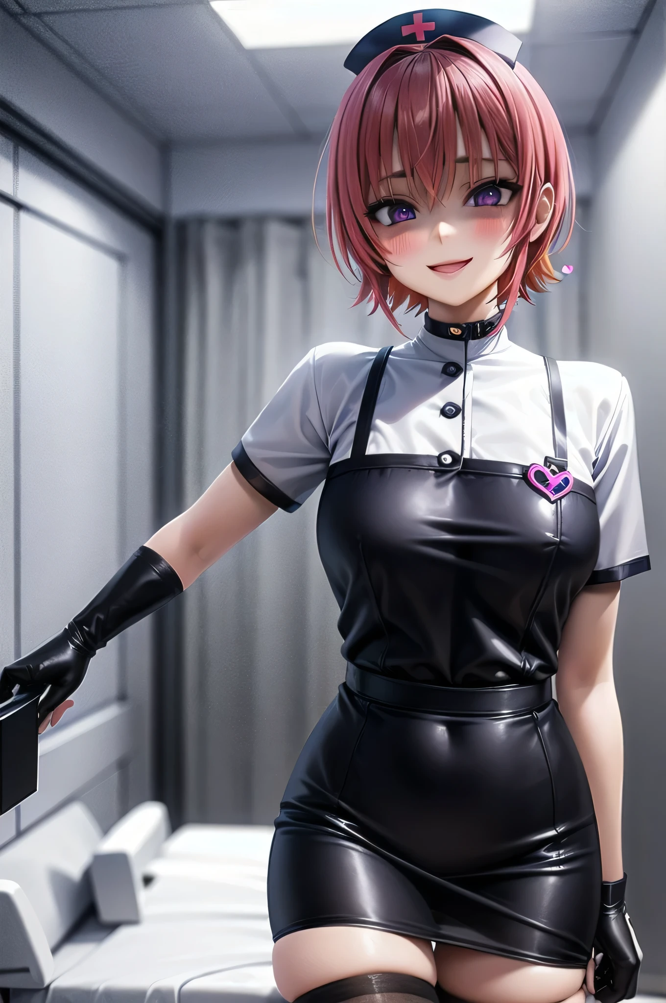 One girl, alone,Black Nurse, black nurse cap, Black clothes, ((Black legwear, zettai ryouiki)), Black gloves, Very short hair, Orange Hair, smile, Open your mouth, Are standing, ((Hospital room)), Sharp contours, Short sleeve, Tomboy, boyish, highest quality, masterpiece,facial,Heart symbol、uterine orifice、Fertilization, Glasses,Voice of the Heart,Breast milk,Ecstatic expression、yandere、Until death、Purple eyes,blush、Downward shot