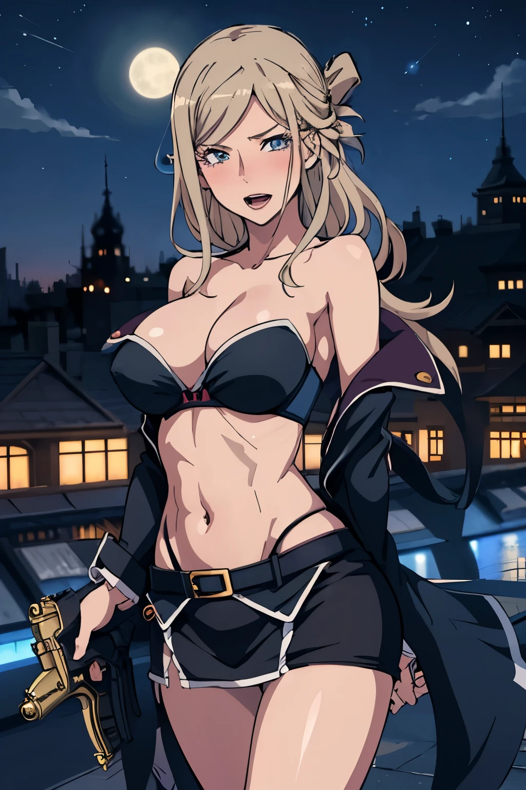 1girl, awashima seri, blue eyes, long hair, blush, lipstick, outdoors, rooftop, cityscape, building, railing, night, night sky, scenery, moon, city lights, fur trim, mature female, gloves, fur-trimmed coat, masterpiece, best quality, highly detailed, a girls with a gun, open mouth, blazer, sexy gaze, (nsfw) not
safe for work, badass pose , evil smile, smile, black bra, anime girl with long hair, long haired girl,
navel, evil expression, exposed belly, exposed navel, exposed midriff, exposed lower belly, micro
miniskirt, micro pencil skirt, pencil skirt ,holding a gun,,