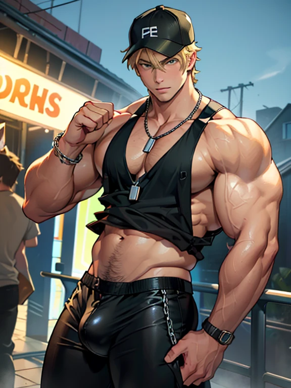 Young man, short blond hair, handsome face, tired expression, green eyes, large muscles, hyper pectoral, thick thigh, large butt. He's wearing a low-cut tank top, black pants, a backwards hat, and a silver chain around his neck, Big bulge. Scenery, party at night.