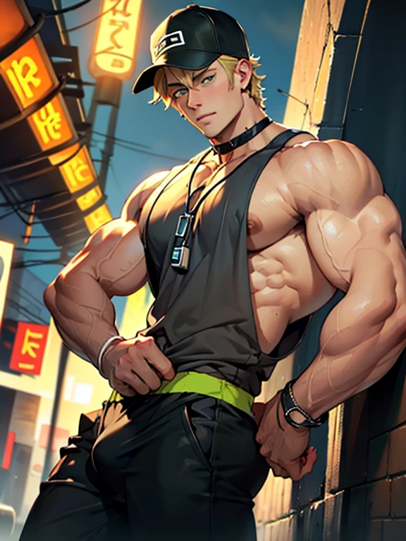 Young man, short blond hair, handsome face, tired expression, green eyes, large muscles, hyper pectoral, thick thigh, large butt. He's wearing a low-cut tank top, black pants, a backwards hat, and a silver chain around his neck, Big bulge. Scenery, party at night.