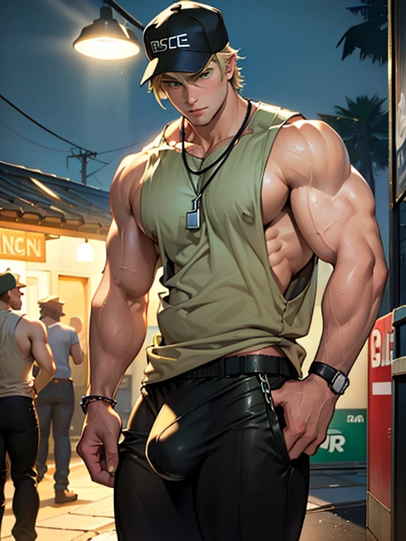 Young man, short blond hair, handsome face, tired expression, green eyes, large muscles, hyper pectoral, thick thigh, large butt. He's wearing a low-cut tank top, black pants, a backwards hat, and a silver chain around his neck, Big bulge. Scenery, party at night.