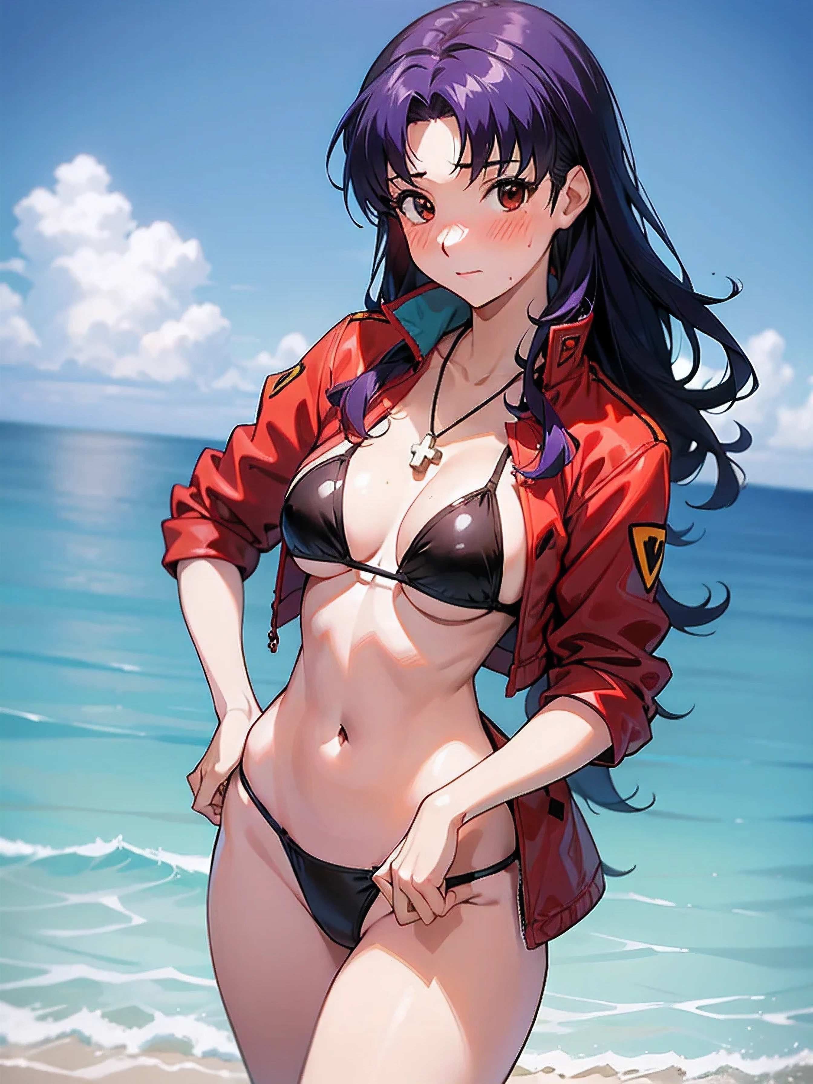 (Realistically，Highly detailed CG、High resolution、Absurd:1.6、Detailed Background:1.3、Beautiful detailed hair)、1 Female, clothing: Red jacket,、Jacker, Mid-ed、((Brown eyes、Black Micro Bikini、)), Purple Hair, Long Hair, Cross Necklace, Slim waist、((Misato katsuragi))、Nerve, Perfectly detailed face, (Embarrassing、blush)、(sunny ocean)
