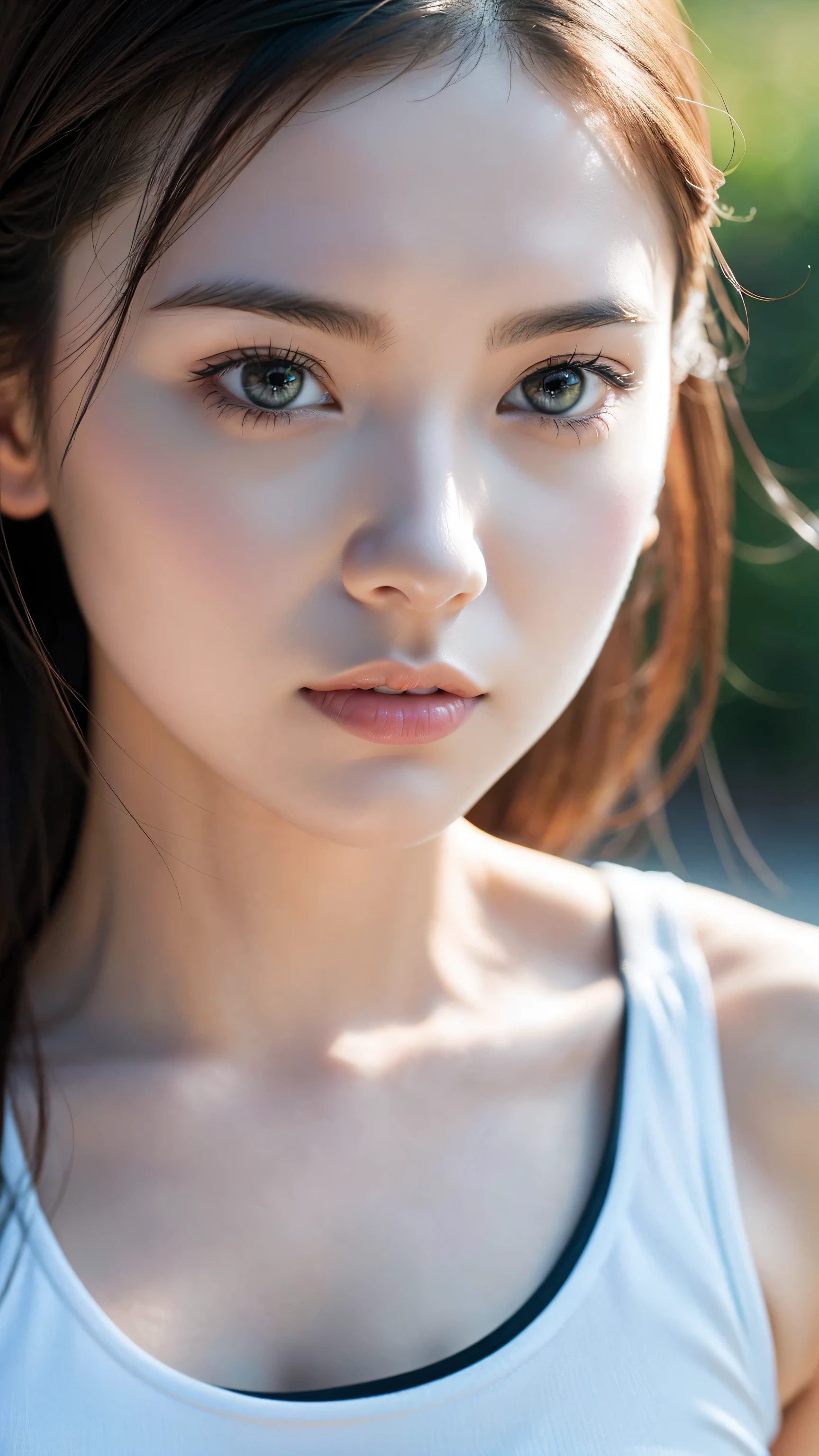 photorealistic Realism 16K Quality, (Ultra high-res Realistic eyes, clear sharp, absurd quality, vibrant, not blurry), (([eyes|eyeshadows]:[brown|pink])), ((portrait)) a cute 1model:1.4 24yo, ((anatomically correct)), ((perfect proportions)), dslr, best high quality soft lighting, sharp focus captured by Fujifilm XT3, f 5.6, in a dramatic lighting, l (perfect composition), ((pale skin)), ((dry skin)), ([tight sleeveless (sports tank top)]:[BLACK]), (half body shot), ((close up of her face:1.35)),