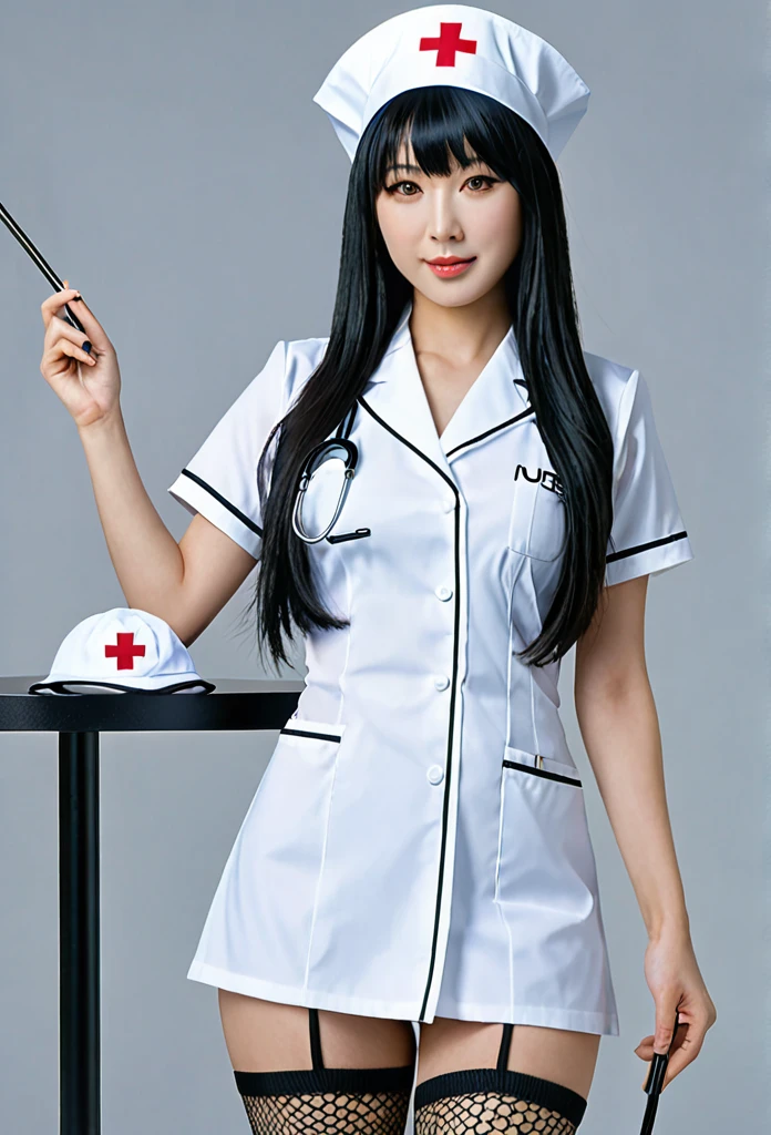 Photorealistic, high resolution, A Japanese Nurse named Jade, Solo, Hips up, (Detailed face), Black hair, Long hair, Gold And Black Bra, Gold and Black Panties, Fishnet Stockings. Fully clothed. Black Nurse Hat. detailed fingers. Five fingers only on each hand 