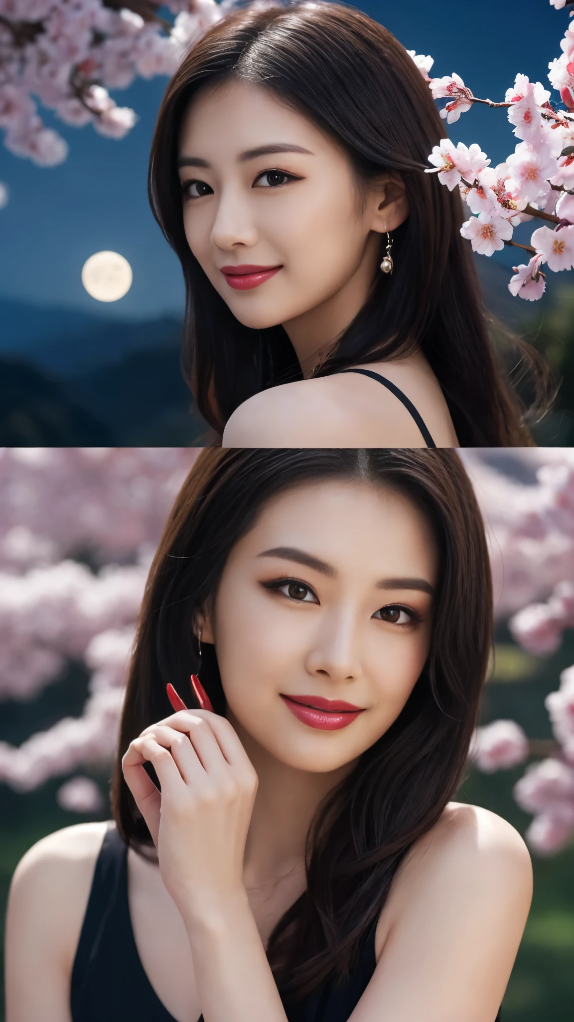 masterpiece, 最high quality, night, Mountain, full moon, Long black hair, woman, fire Fly, performer, Mysterious cherry tree, Pink leaves, high quality, Beautiful graphics, High detail，The best smile:1.5，Flashy makeup with red eyeshadow:1.5