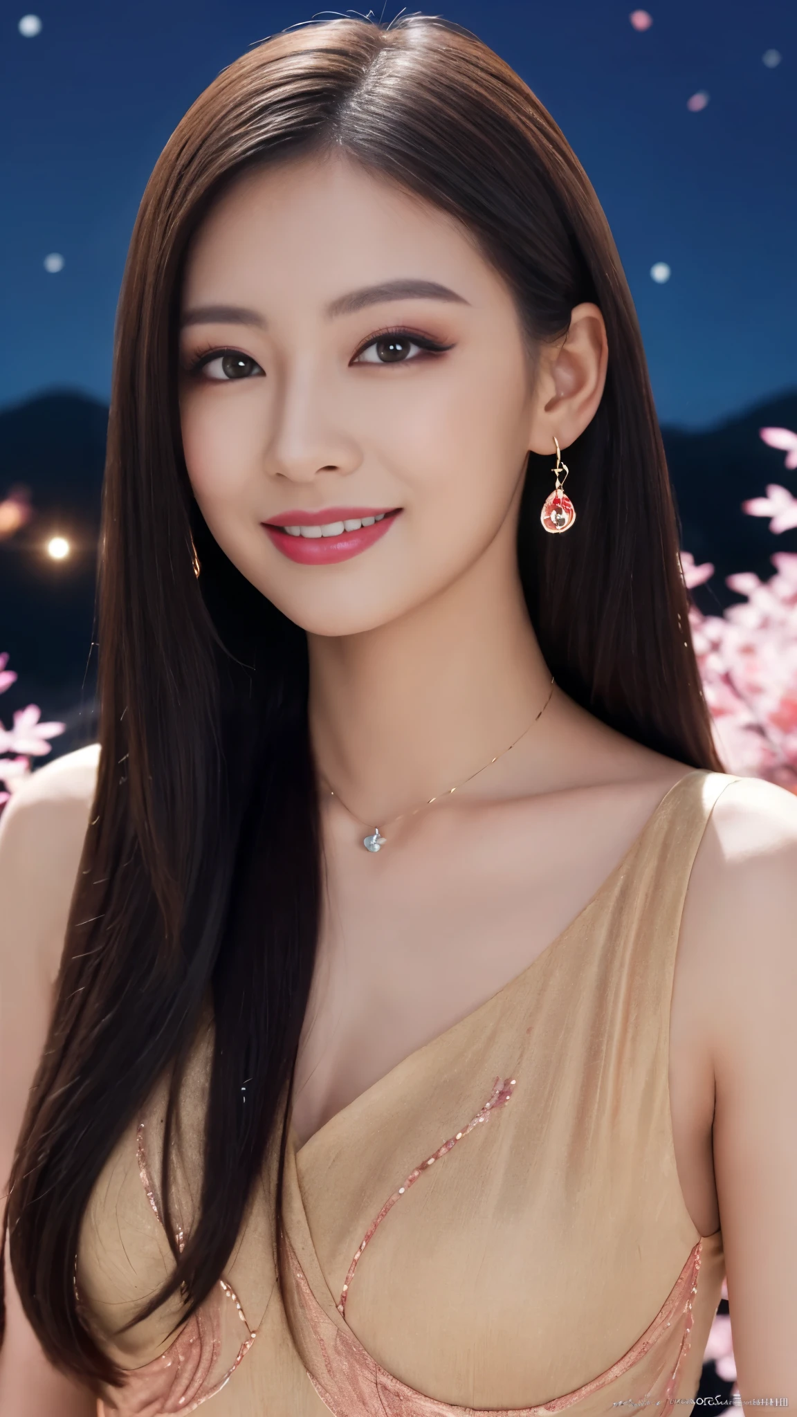 masterpiece, 最high quality, night, Mountain, full moon, Long black hair, woman, fire Fly, performer, Mysterious cherry tree, Pink leaves, high quality, Beautiful graphics, High detail,The best smile:1.5,Flashy makeup with red eyeshadow:1.5