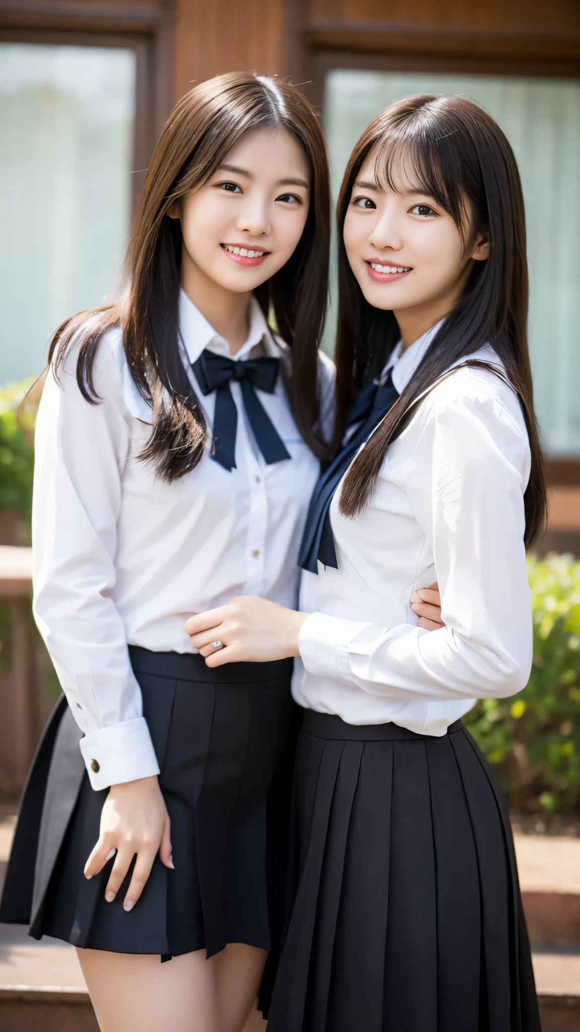 Love Student, Two female students in uniform, Lesbian couple, Tall and thin, beautiful, Alumni Association, classmate，The best smile:1.5，