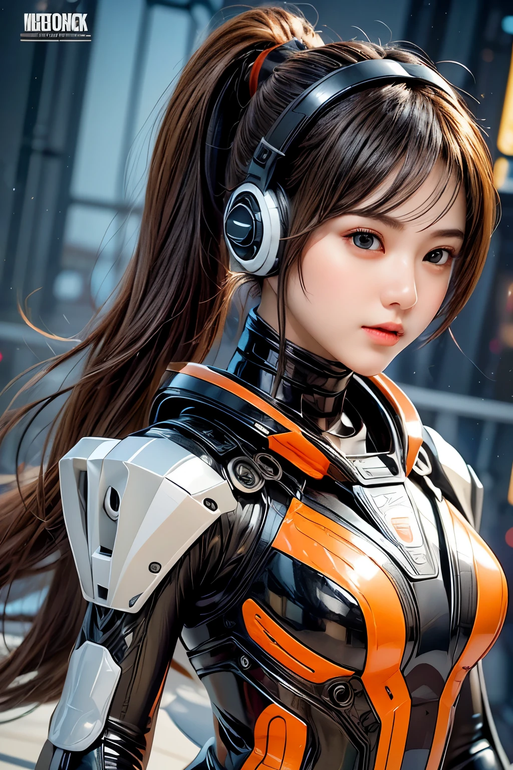 Top Quality, Masterpiece, Ultra High Resolution, (Photorealistic: 1.4), Raw Photo, 1 Girl, Black Hair, Glossy Skin, 1 Mechanical Girl, (((Ultra Realistic Details)), (realistic face: 1.2), realistic skin, Global Illumination, Shadows, Octane Rendering, 8K, Ultra Sharp, Intricate Ornaments Details, wearing Futuristic Headphone, Futuristic headgear, very intricate detail, realistic light, CGStation trend, brown eyes, glowing eyes, matte black and glossy orange bodysuit, orange lining on suit, Long hair, Ponytail hair, half body shot, spaceship bridge background, dynamic pose, she claps her hands