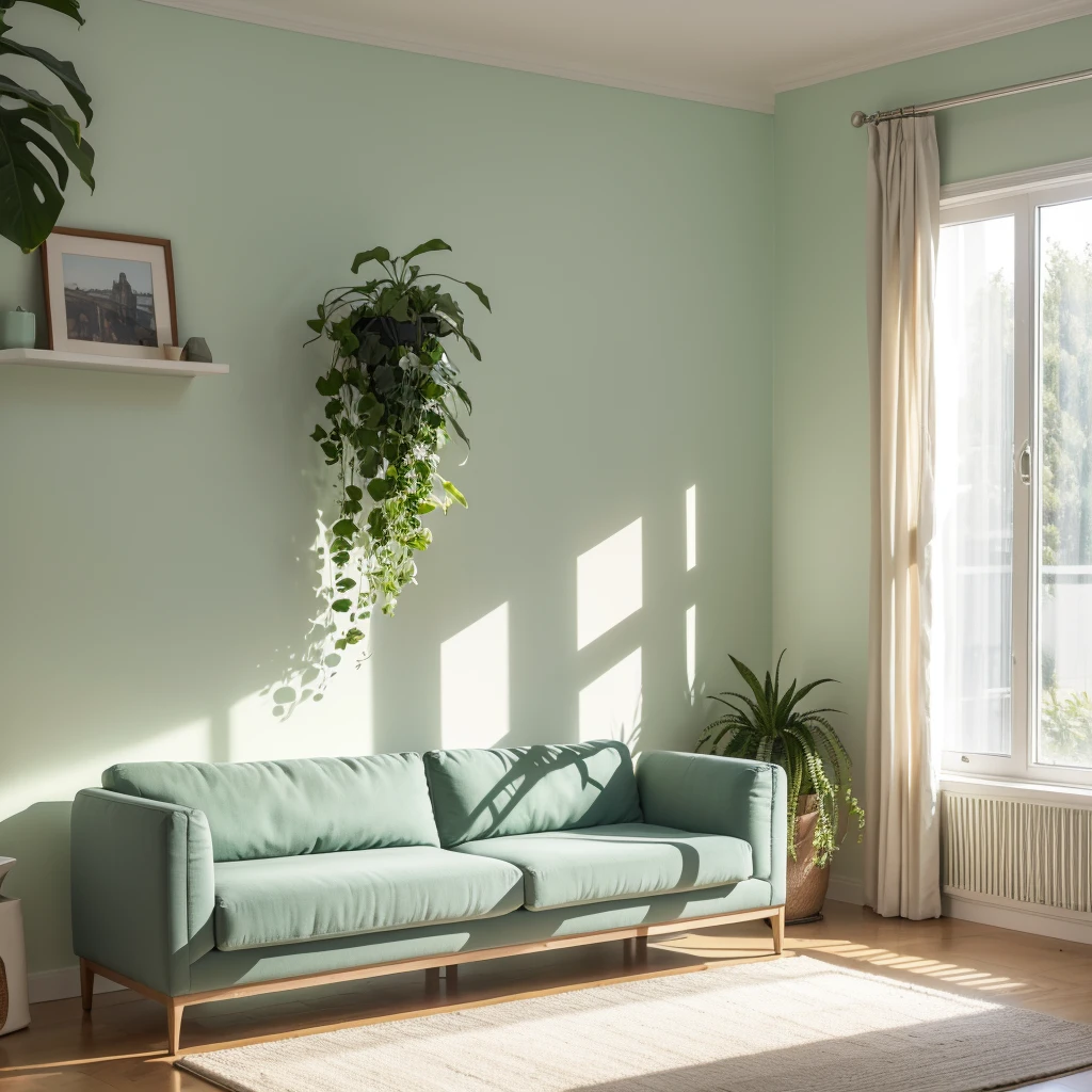 ins style, indoor, Horizontal view, Ultra HD, ccurate, high resolution, Home scene, There are green plants, No sofa, There are windows and white curtains, Light-colored wall with texture, Canon, High Detail, Chiaroscuro, Ray Tracing, wide shot, atmospheric perspective, masterpiece, high quality, Best quality, 8K