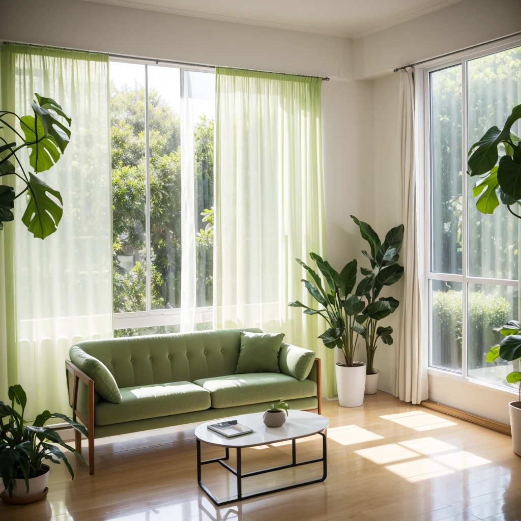 ins style, indoor, Horizontal view, Ultra HD, ccurate, high resolution, Home scene, There are green plants, No sofa, There are windows and white curtains, Light-colored wall with texture, Canon, High Detail, Chiaroscuro, Ray Tracing, wide shot, atmospheric perspective, masterpiece, high quality, Best quality, 8K