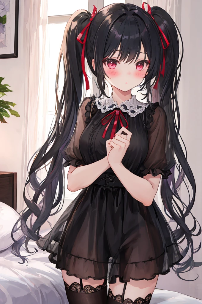 A woman with big ,Black long hair,twintails,Exquisite,Ribbon,Transparent nightgown,Slim waist,pubic,Playful skirt,blush,bedroom,A cute daughter,