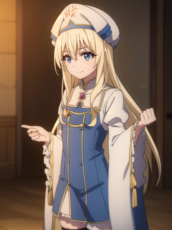 priestess, priestess, blonde hair, blue eyes, long hair, hair between eyes, (small breast:1.2), smile,
BREAK boots, dress, frilled sleeves, frills, hat, white headwear, pelvic curtain, high heels, robe, thigh boots, thighhighs, white thighhighs, long sleeves, puffy sleeves,
BREAK indoors, church,
BREAK looking at viewer, (cowboy shot:1.5),
BREAK (masterpiece:1.2), best quality, high resolution, unity 8k wallpaper, (illustration:0.8), (beautiful detailed eyes:1.6), extremely detailed face, perfect lighting, extremely detailed CG, (perfect hands, perfect anatomy),