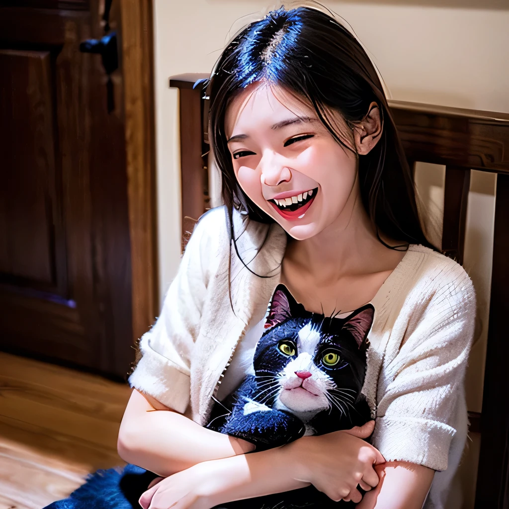 RAW photo, 8K, realistic, (1girl, cat), (laugh:1.2)