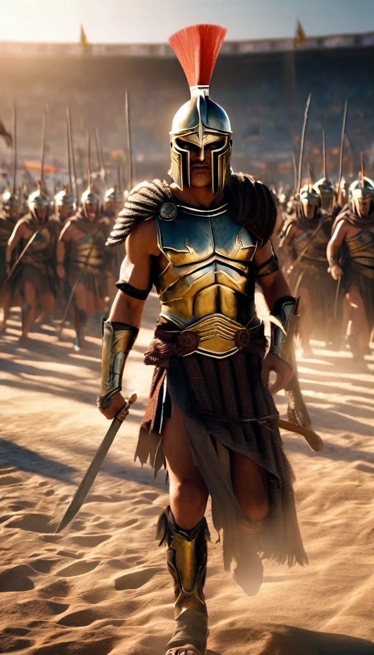 Full body, Create a detailed image of the annual Spartan event, featuring a massive arena where the best Spartan warriors and the bravest Helot slaves prepare to battle to the death, detailed face, detailed face expressions, natural face expressions, face in detail, asymmetrical faced, fair and smooth skin, detailed hands, detailed fingers, masterpiece, cinematic lighting, physically based rendering, lens flare, award winning rendering, perfect rendering detail, 8K, realism, detailed background, everything in detail, cinematic shot, dynamic lighting, 75mm, Technicolor, Panavision, cinemascope, fine details, 8k, HDR, realism, realistic, key visual, film still, superb cinematic color grading, depth of field,