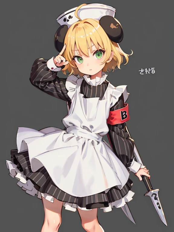 piyoko, 1girl, blonde hair, solo, short hair, dress, looking at viewer, hat, long sleeves, ahoge, green eyes, white apron, armband, striped dress, 
index finger raised, looking at viewer, solo, artist name, club (weapon), full body, spiked club
 