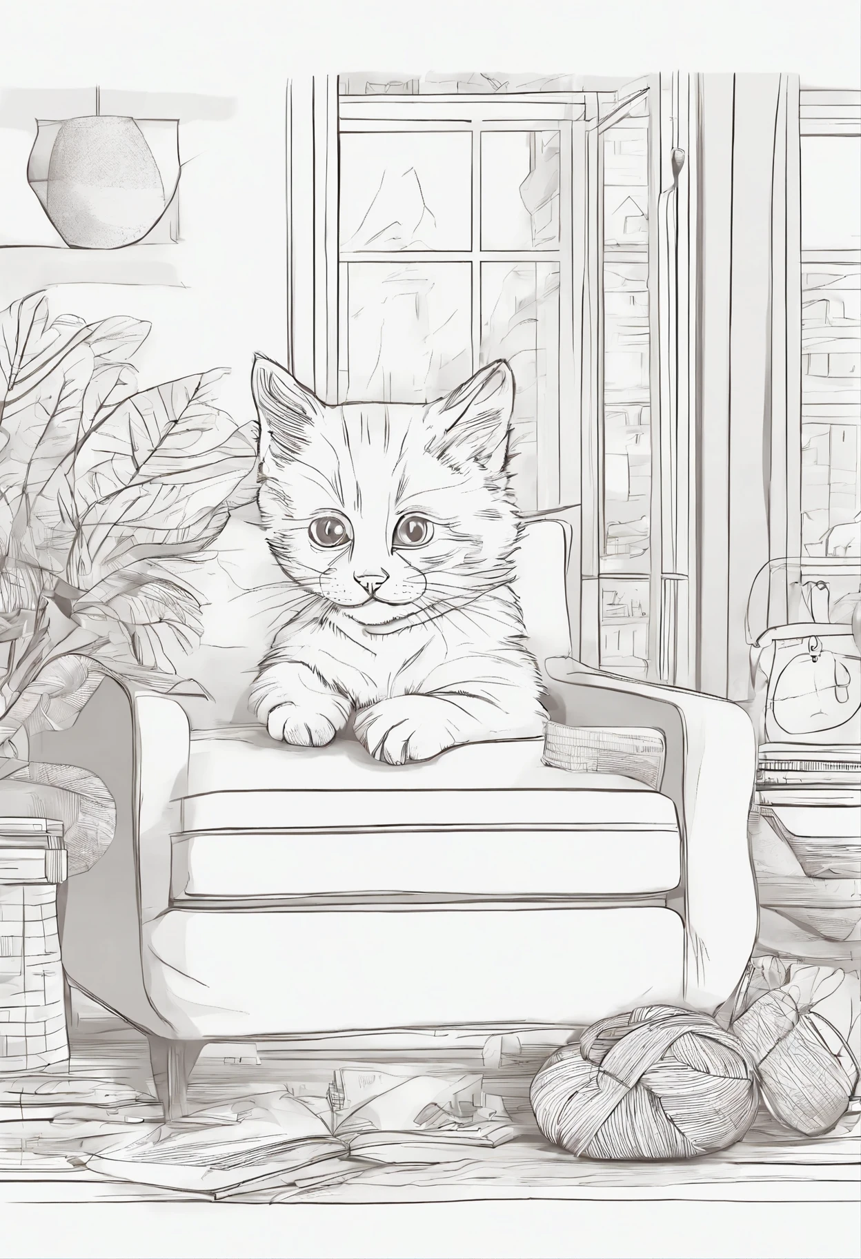 A CUTE KITTEN WITH BIG ROUND EYES PLAYING WITH A BALL OF YARN IN A COZY LIVING ROOM FILLED WITH PLUSH PILLOWS AND SOFT BLANKETS