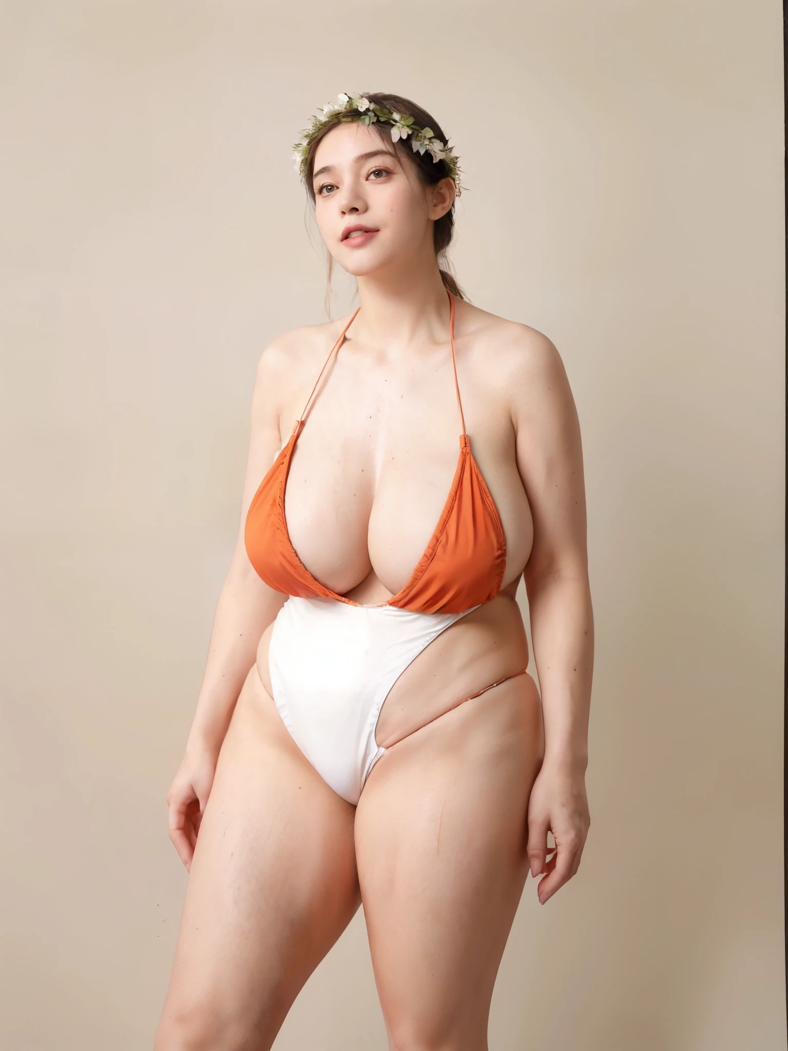 araffe woman in a bikini and flower crown posing for a picture, is wearing a swimsuit, full body shot in bikini, swimsuit model, thicc, she has a jiggly fat round belly, wet swimsuit, bathing suit, swimsuit, wide hips, thick body, in retro swimsuit, large breasts size, voluptuous body, giant stunning goddess shot, (highly detailed face:1.4) (smile:0.7) (background inside dark, moody, private study:1.3) POV, by lee jeffries, nikon d850, film stock photograph ,4 kodak portra 400 ,camera f1.6 lens ,rich colors ,hyper realistic ,lifelike texture, dramatic lighting , cinestill 800