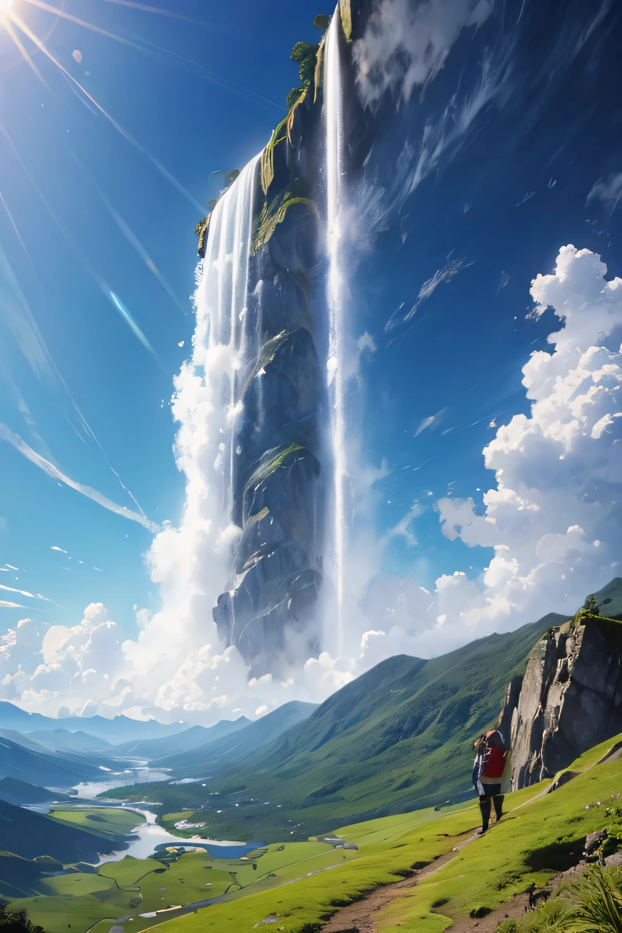 a waterfall from a high mountain that reaches that cloud view from below 8k ultra hd
