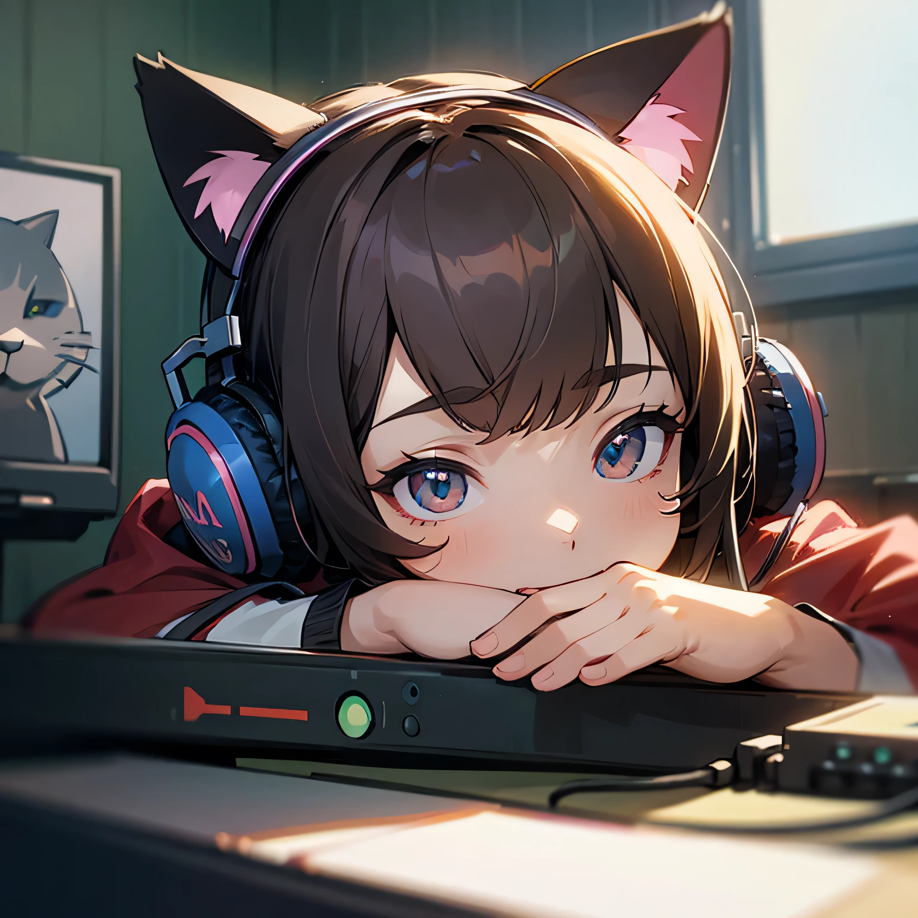 Room with speakers、Cat with headphones、Close-up of face