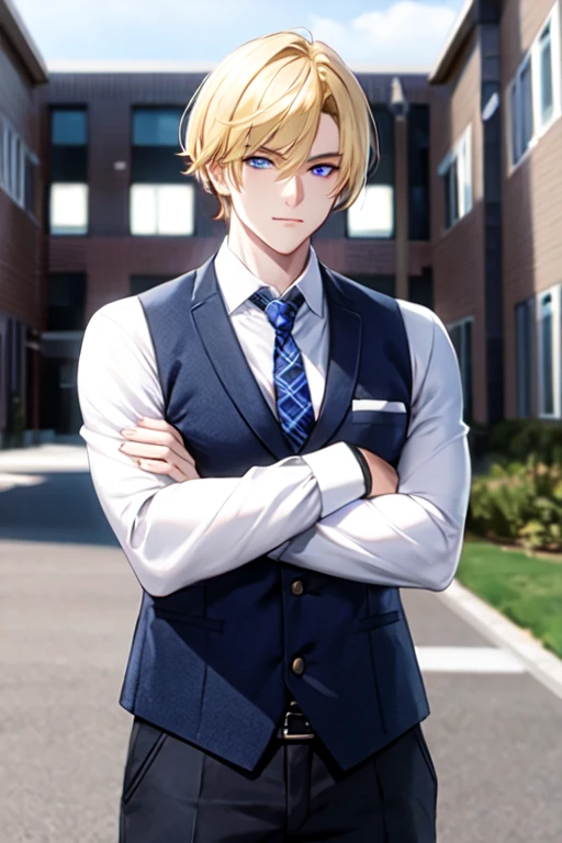 a man who has blonde hair, blue eyes, a strong jawline, wearing a blue plaid vest under a white shirt. He is posing with his arms crossed. The background is a luxurious college building. 