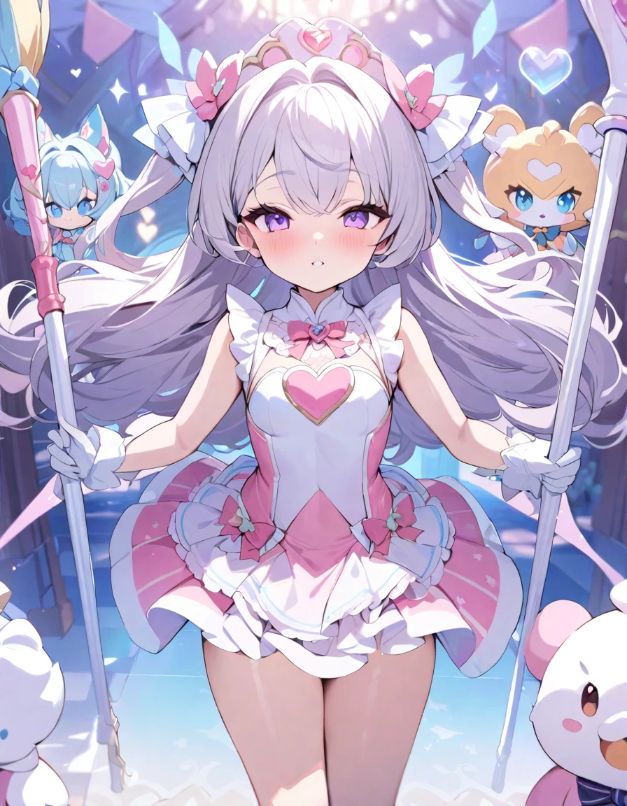 (best quality, masterpiece, highres:1.2), detailed, Magical girls, cute mascots, colorful costumes, walking sticks, hearts and flowers soar in the background, seduce, lewd, sexual, erotic, open chest