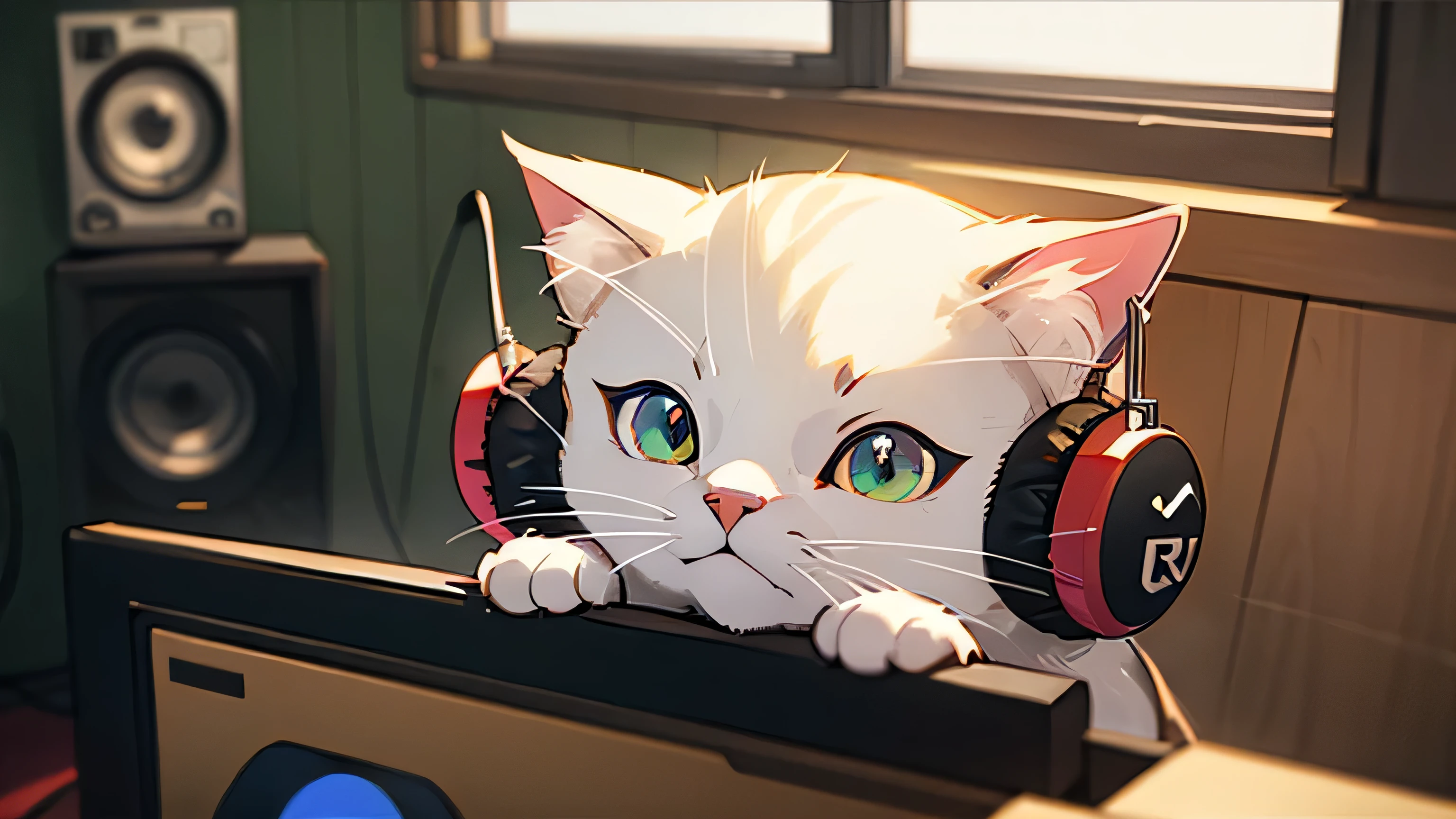 Room with speakers、Cat with headphones、Close-up of face