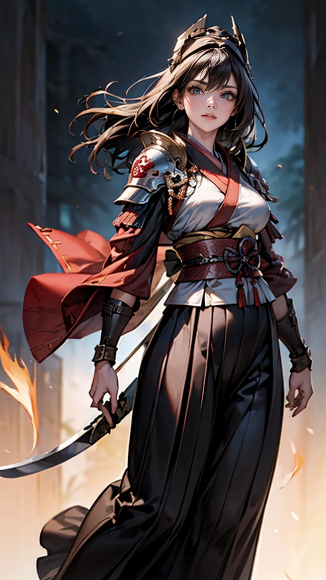 highest quality、masterpiece、8k、Realistic、超High resolution、Very delicate and beautiful、High resolution、Cinema Lighting、medium range shooting、Portraiture、Perfect female body、Beautiful woman、Mature Woman、(Big Breasts)、Opposition、Looking at the audience、grassland、(Female Samurai from Another World、traditional armor、Scarlet Hakama、Sharp sword、Long black hair、Battle helmet、Strong body、The Spirit of Bushido、Battle Scars、Bow and arrow on back、A short sword in the obi、Brave eyes、Shoulder pad with family crest、Leather sandals)、Ready to Battle、Kimono swaying in the wind、A determined look、Ancient Tactics、Otherworldly background、Silence after the war