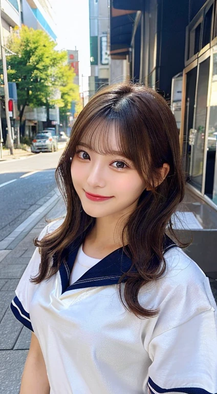 (highest quality,8K quality,masterpiece:1.3,),(超A high resolution:1.3,Realistic:1.4,RAW Photos:1.2),(Super detailed:1.2,Glowing Skin,Detailed skin:1.1),(Detailed face,Perfect Anatomy,Caustics:1.2), (Symmetrical eyes:1.3), (((Sailor suit summer uniform)))、(((run and jump))),1 girl,cute,Japanese,22 years old,Japanese Ido,Natural brown hair,Short hair curled outwards,cute目,Natural Makeup,Oversized T-shirt,Laughter,Looking into the camera,On the face,Face Focus,Street Corner,Professional Writing,Natural soft light、Japanese Ido,Natural brown hair,Long hair with outward curls,cute目,Natural Makeup,Oversized T-shirt,Laughter,Looking into the camera,On the face,Face Focus,Street Corner,Professional Writing,Natural soft light,Full Body Shot