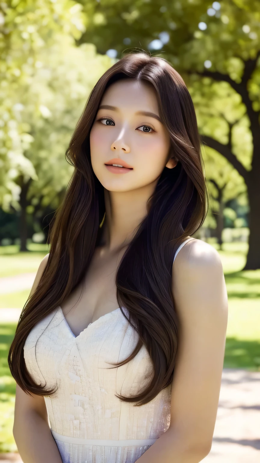 masterpiece,best quality, (photorealistic:1.5), (realskin:1.5), 1girl, BRAV5_Realisianv50_PFv30, 
solo, long hair, brown hair, Holding flowers with the right hand, brown eyes, upper body, blurry background, white dress, Relying on the big tree,