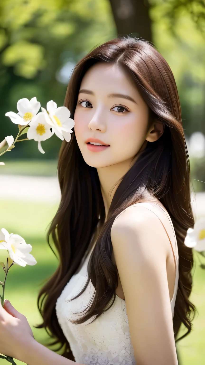 masterpiece,best quality, (photorealistic:1.5), (realskin:1.5), 1girl, BRAV5_Realisianv50_PFv30, 
solo, long hair, brown hair, Holding flowers with the right hand, brown eyes, upper body, blurry background, white dress, Relying on the big tree,