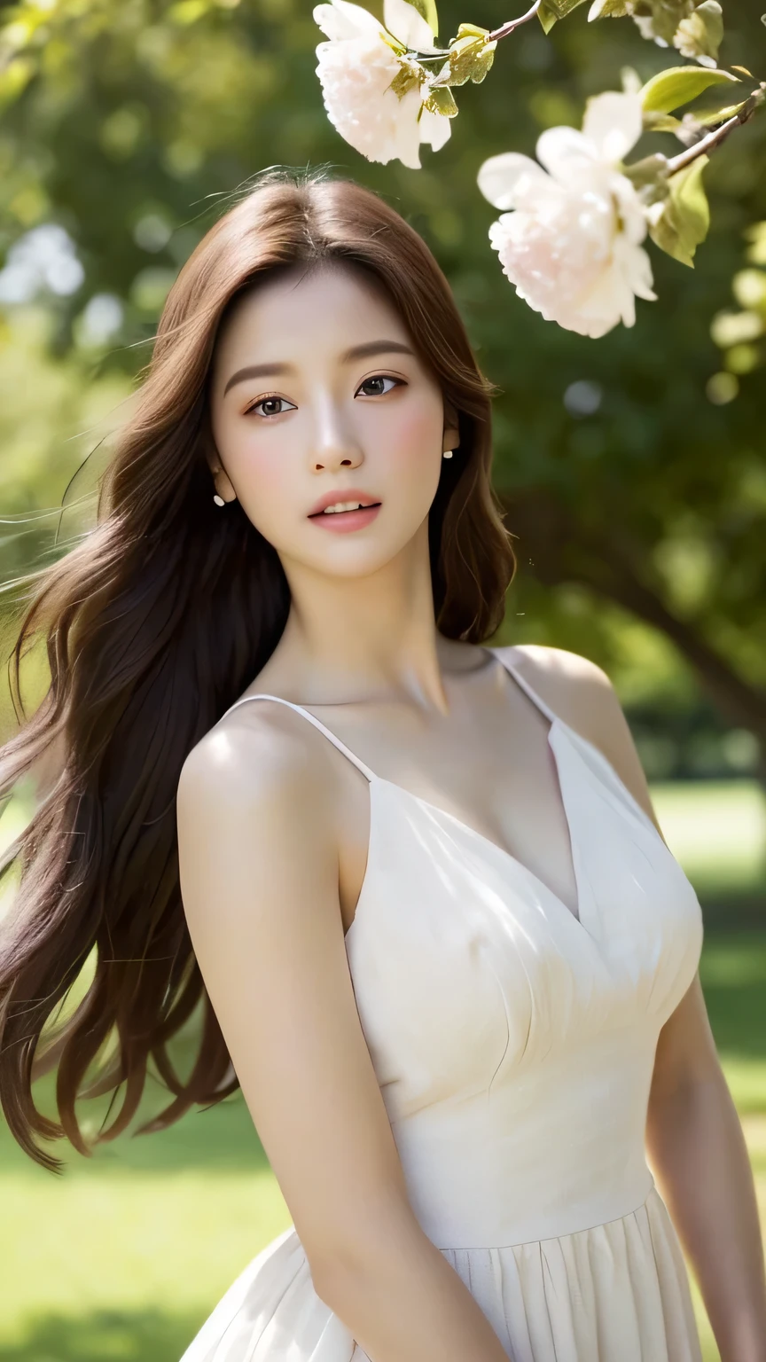 masterpiece,best quality, (photorealistic:1.5), (realskin:1.5), 1girl, BRAV5_Realisianv50_PFv30, 
solo, long hair, brown hair, Holding flowers with the right hand, brown eyes, upper body, blurry background, white dress, Relying on the big tree,